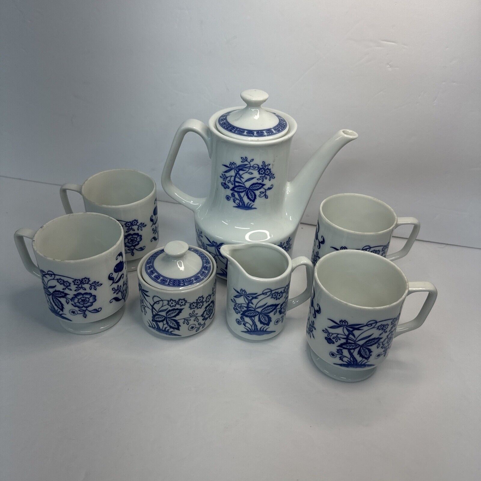 Vintage Japan Porcelain White & Blue Floral Pattern 7 Piece Coffee Set 1960s VGC