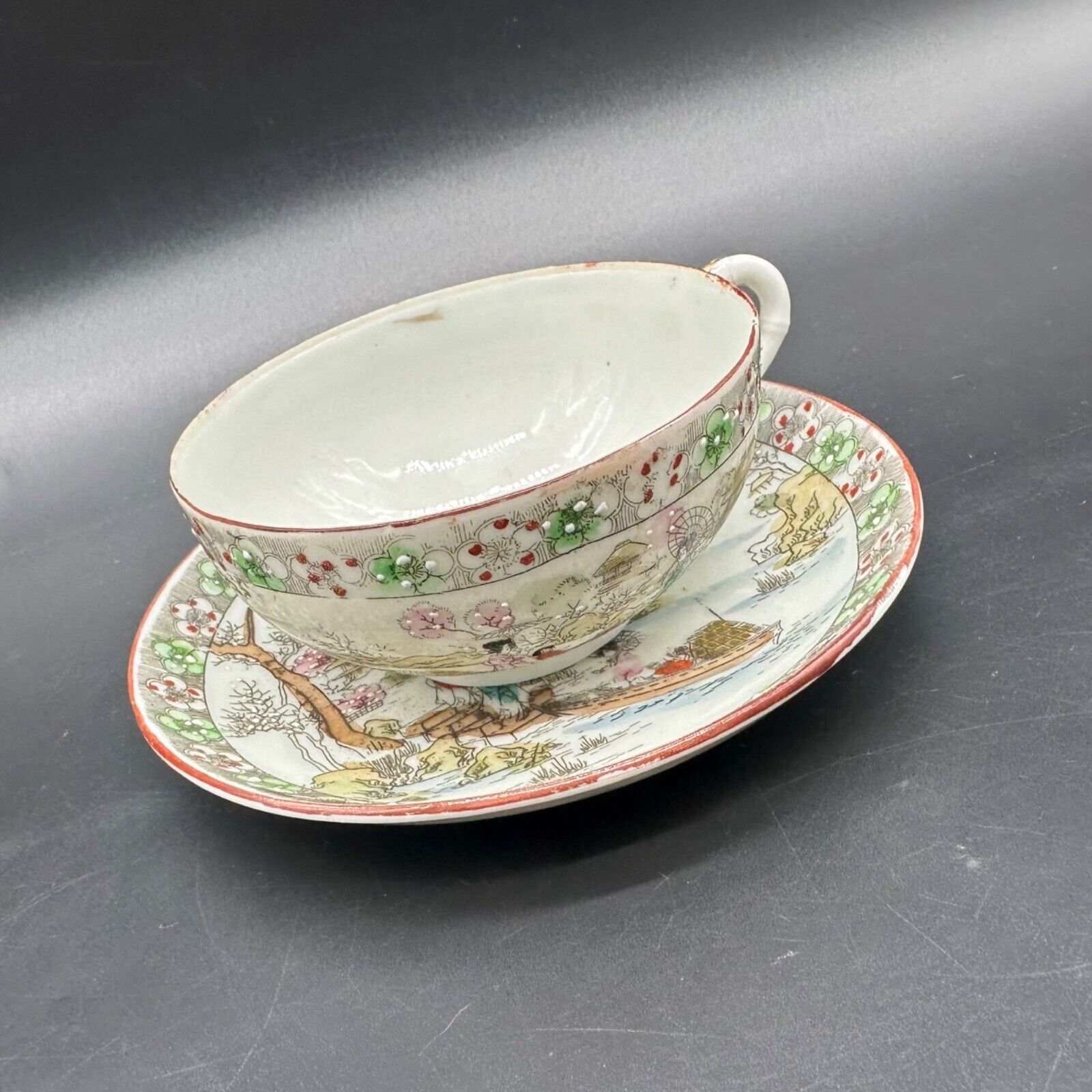 Antique Teacup and Saucer Nippon Japan Porcelain Moriage Geisha Ware Hand Paint