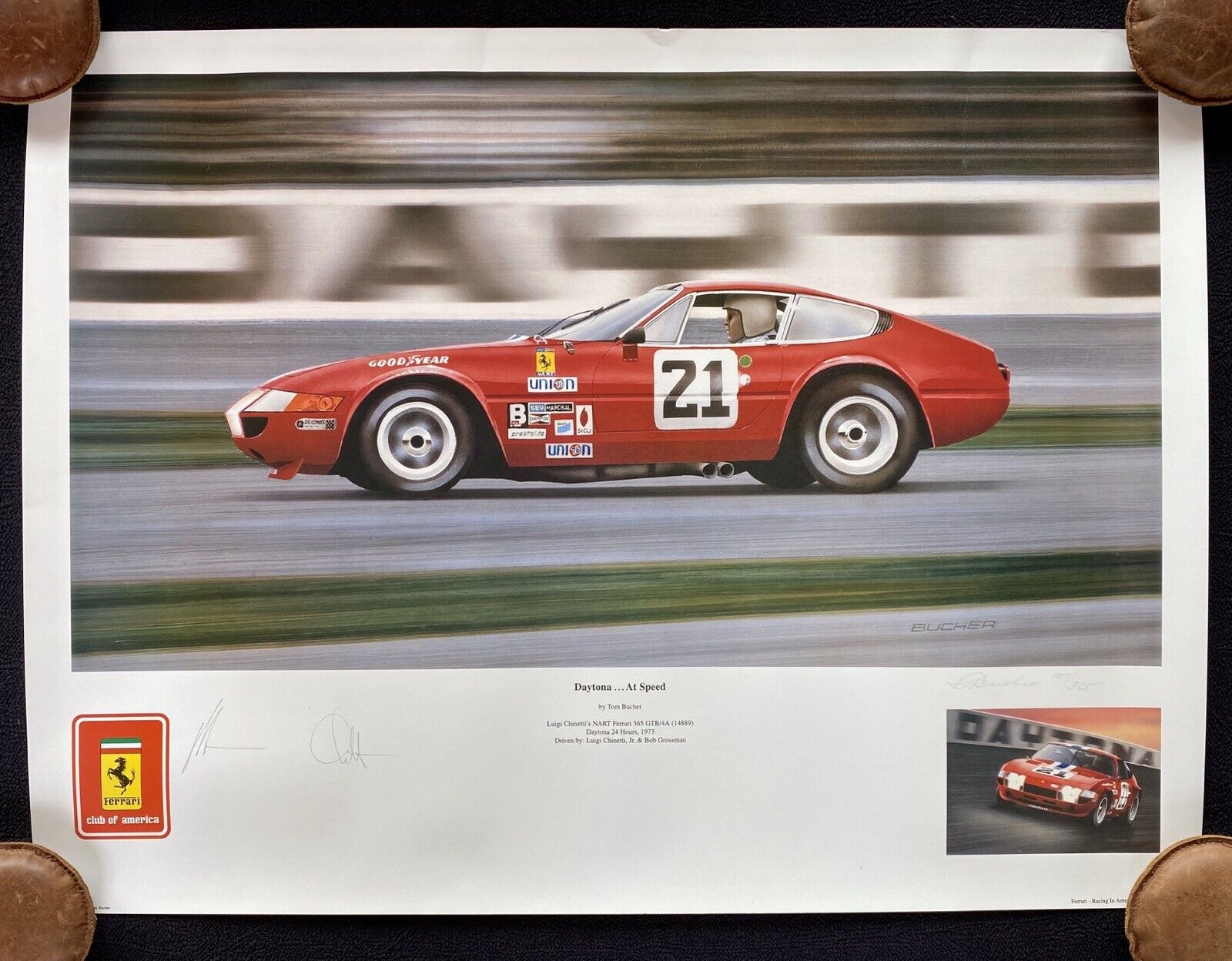 NART Ferrari 365GTB 1973 Daytona Chinetti Grossman SIGNED Art Print Bucher