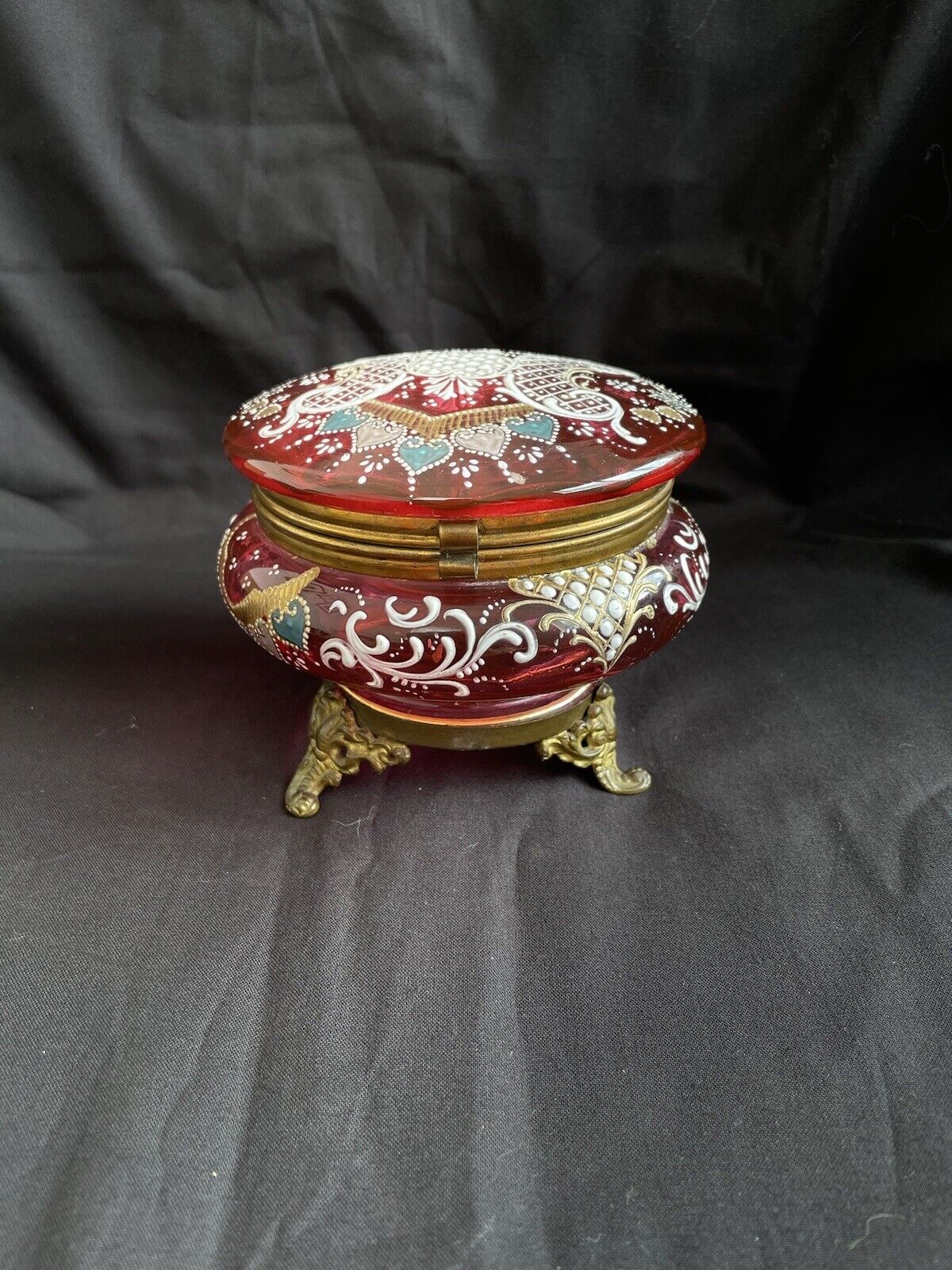 Antique Cranberry Glass Lidded Vanity Bowl With Beautiful Enamel Decoration