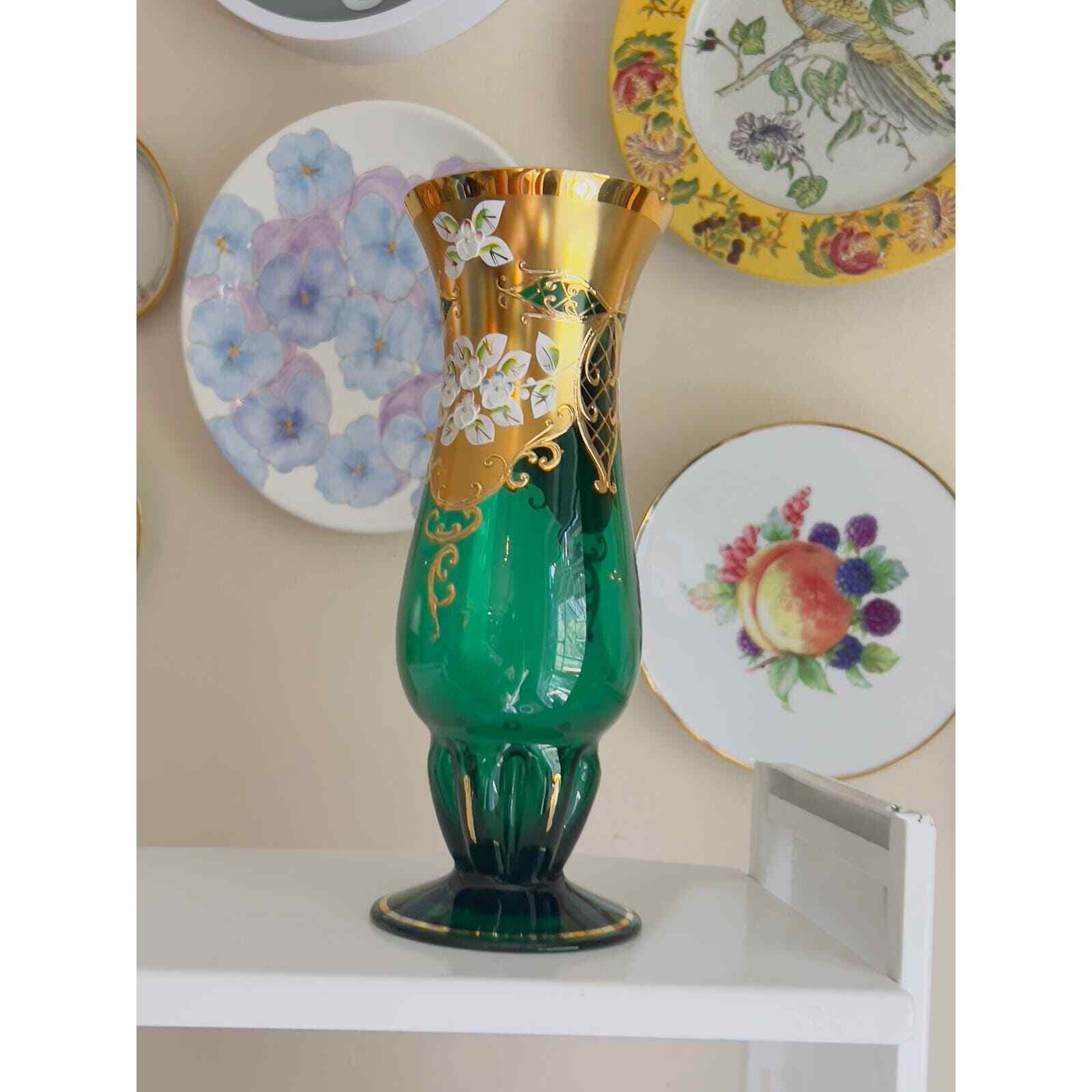 Vintage Czech Art Glass Floral Vase Emerald Green Glass Gold Flowers