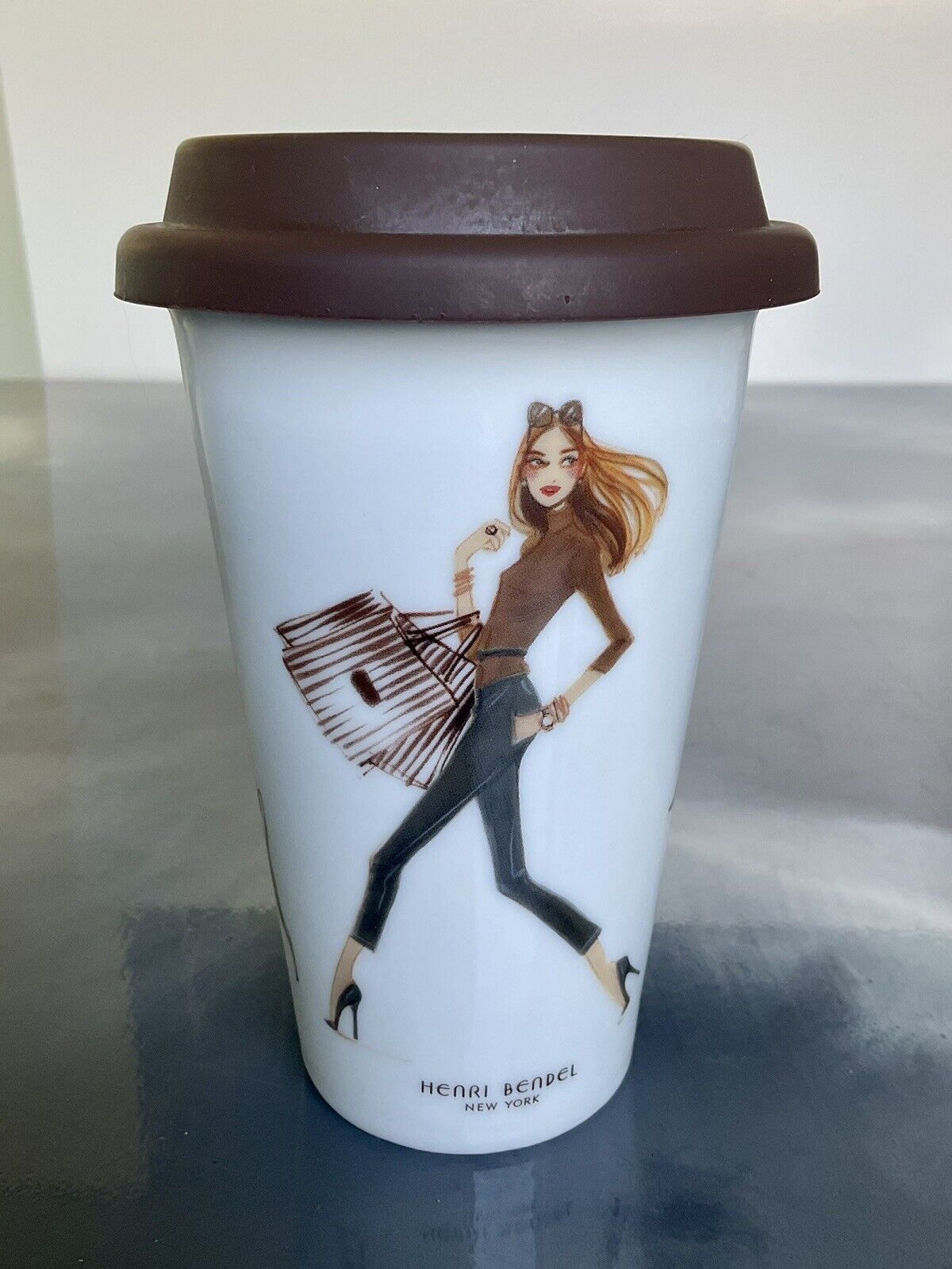 Henri Bendel New York Ceramic Travel Mug Tumbler With Lid Shopper Girl & Dog