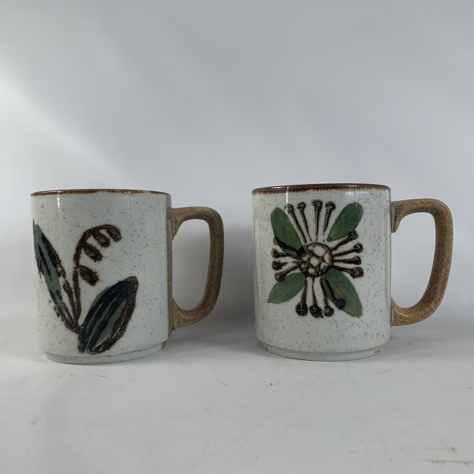 Vintage Speckled Stoneware Japan Mug Floral Design Otagiri Style MCM Set Of 2