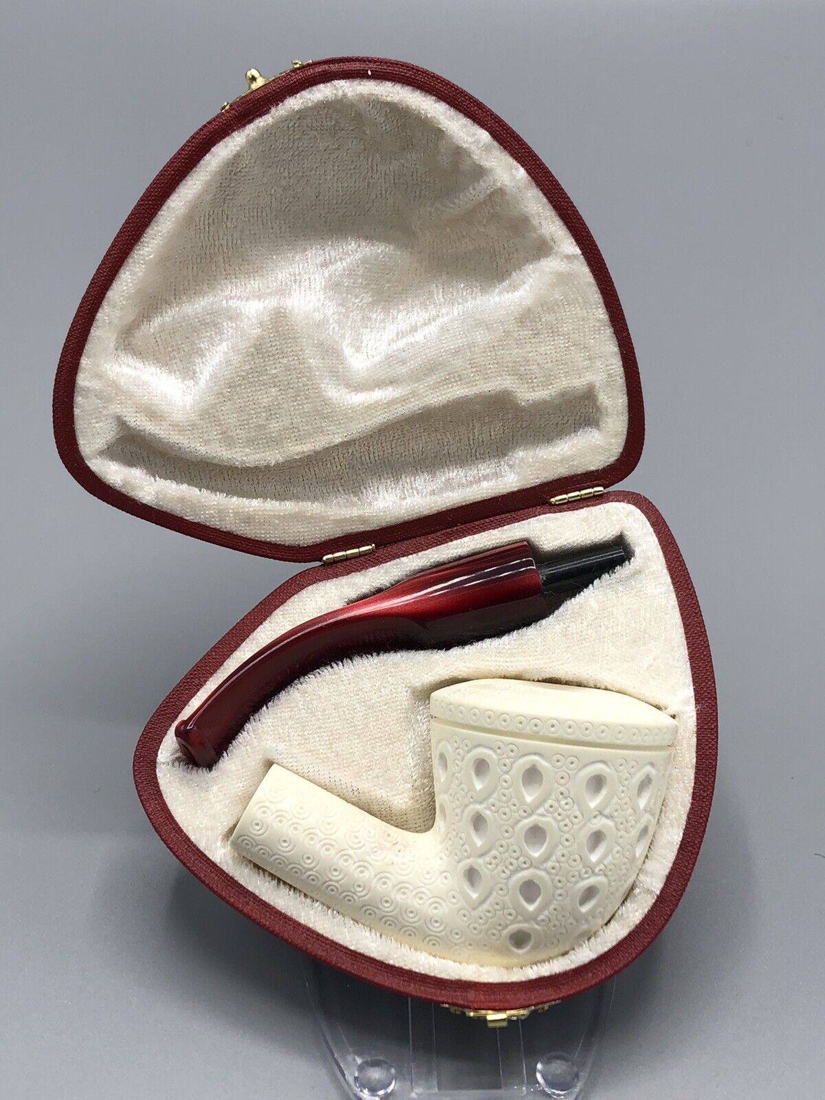 Lattice Design Rhodesian Pipe Block Meerschaum-NEW Handmade W Pocket CASE#1727