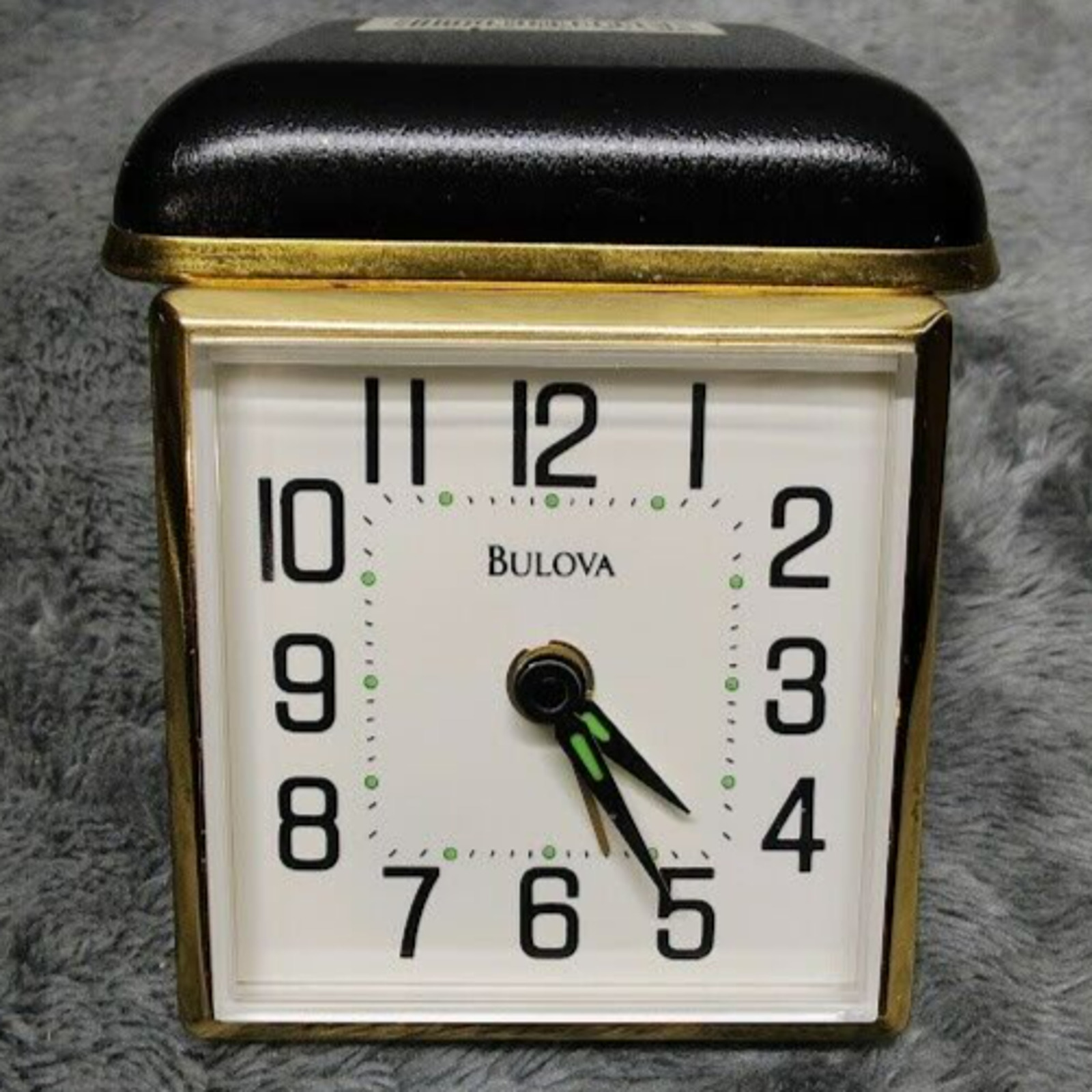 Vintage Bulova Travel Alarm Clock Folding Black Leather Case Wind Up - Works