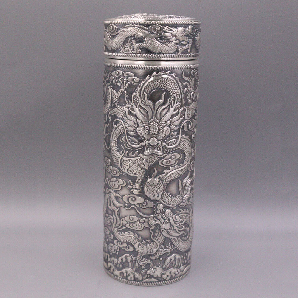 Real Fine Silver 999 Cup Drinking Healthy Water Cup Luck Nine Dragon Carved 100g
