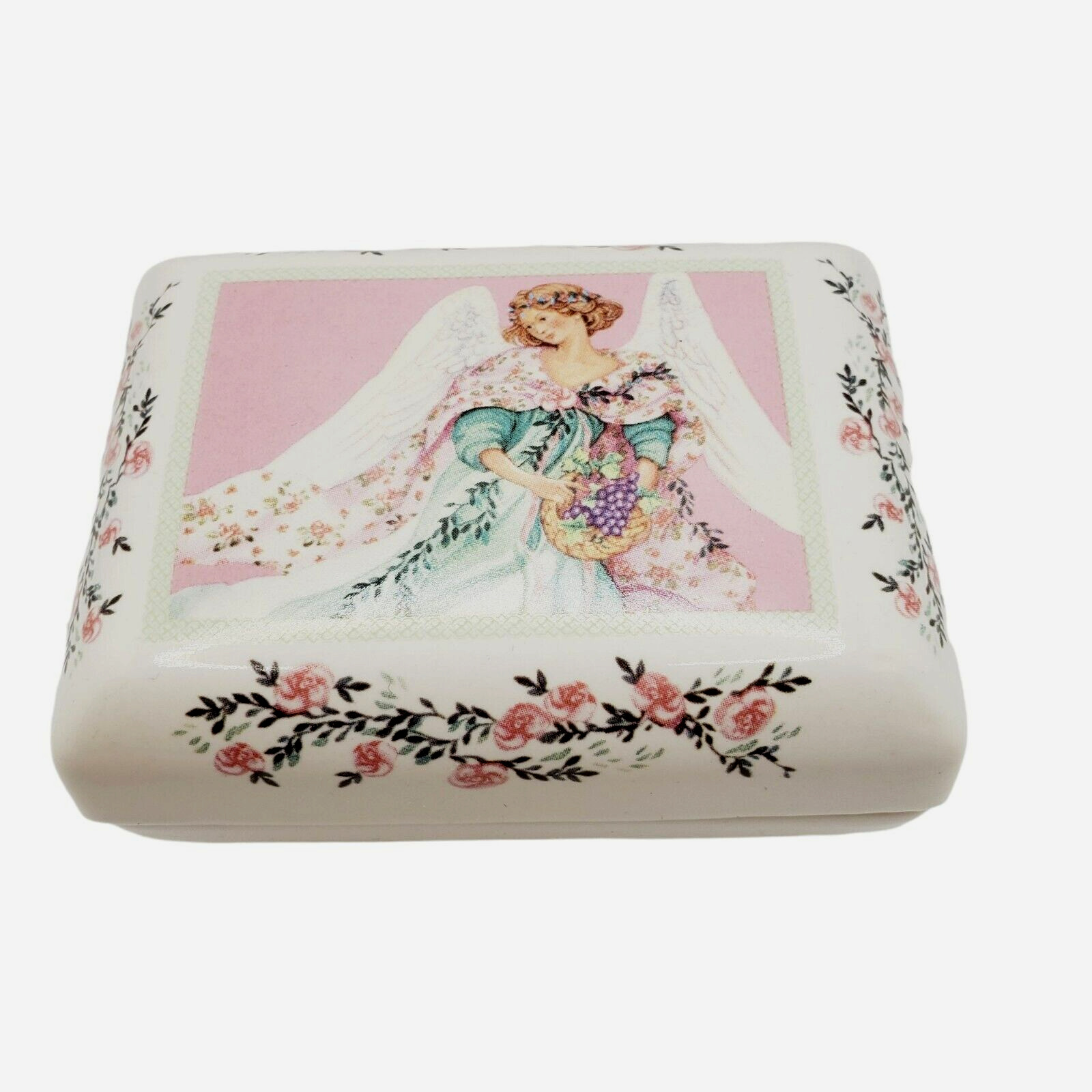 DaySpring Inspirational Cards In Ceramic Angel Trinket Box Pink White 1984