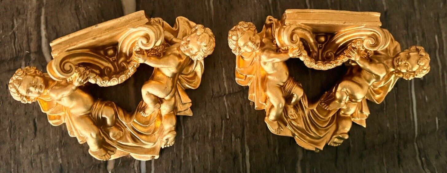Pair Of Gold Hanging Shelf Cherub Angels