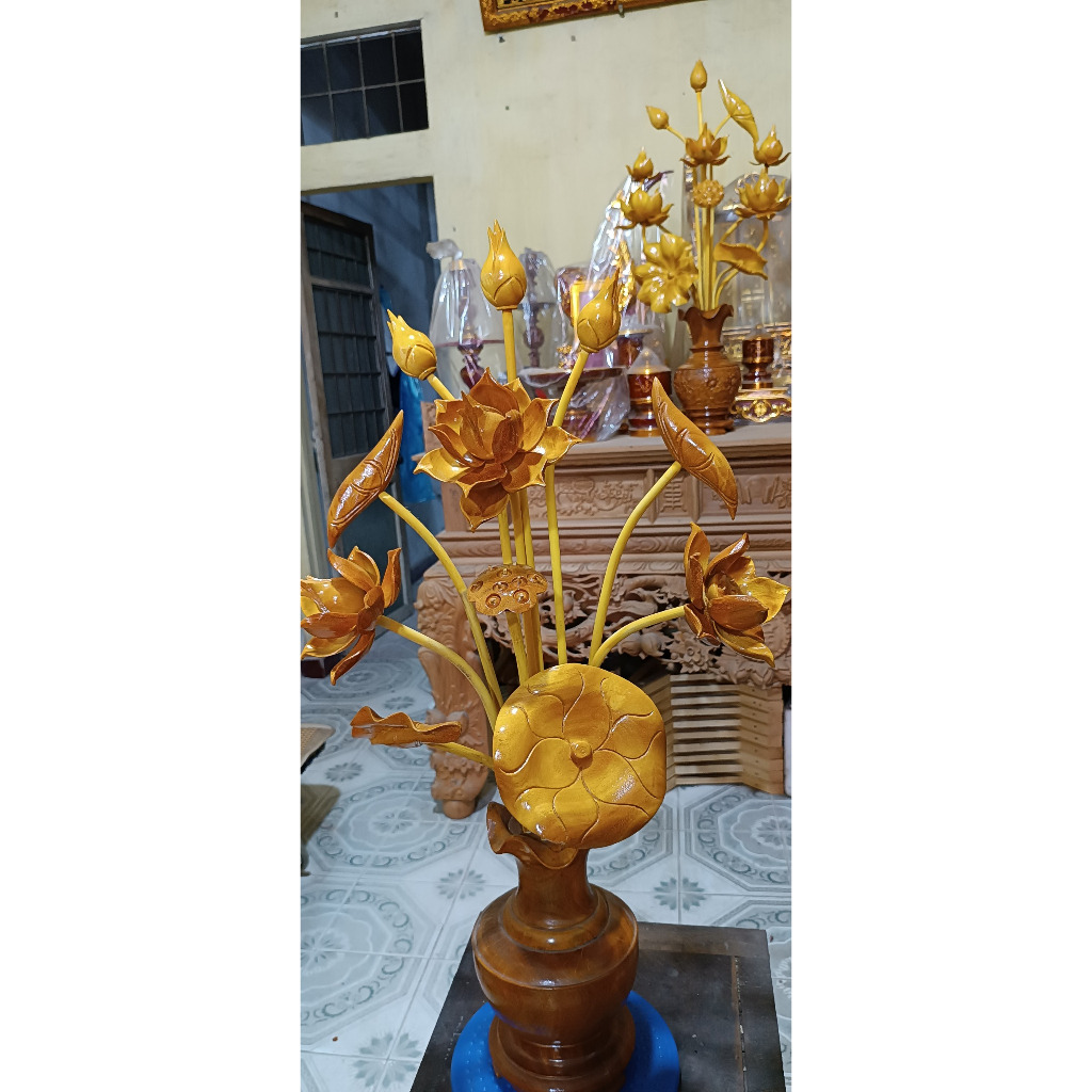 Set Of Lotus Flower Made From Jackfruit- Vase Faux Acajen Wood Vietnam Handcraft