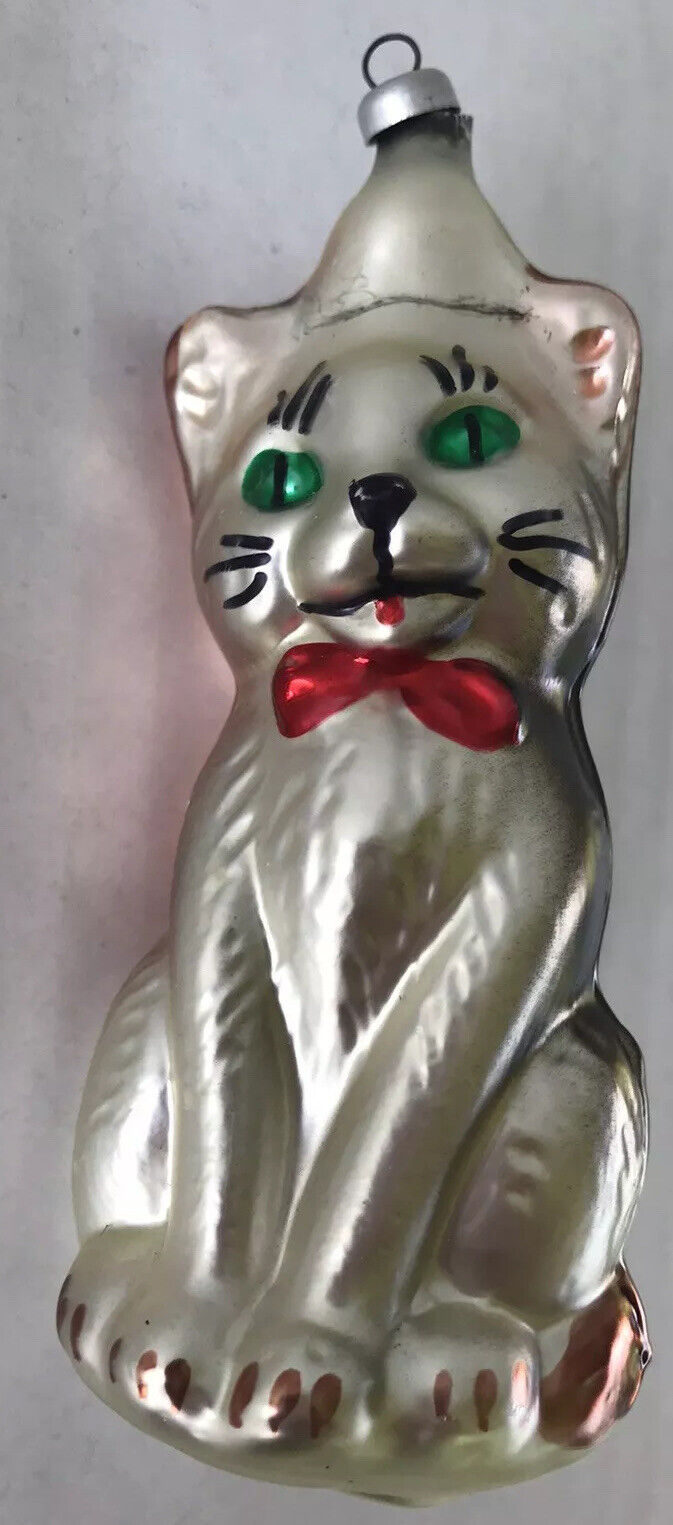 Vintage Christmas Ornament Mercury Glass Cat Kitty Figural 4 1/2” Italy