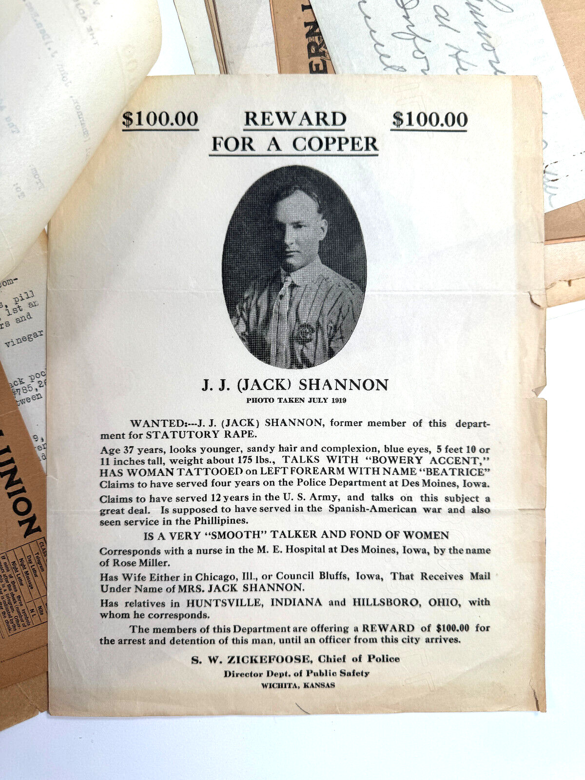 Antique 1920's Criminal Crime File Wichita Kansas KS J.J. Shannon wanted mugshot