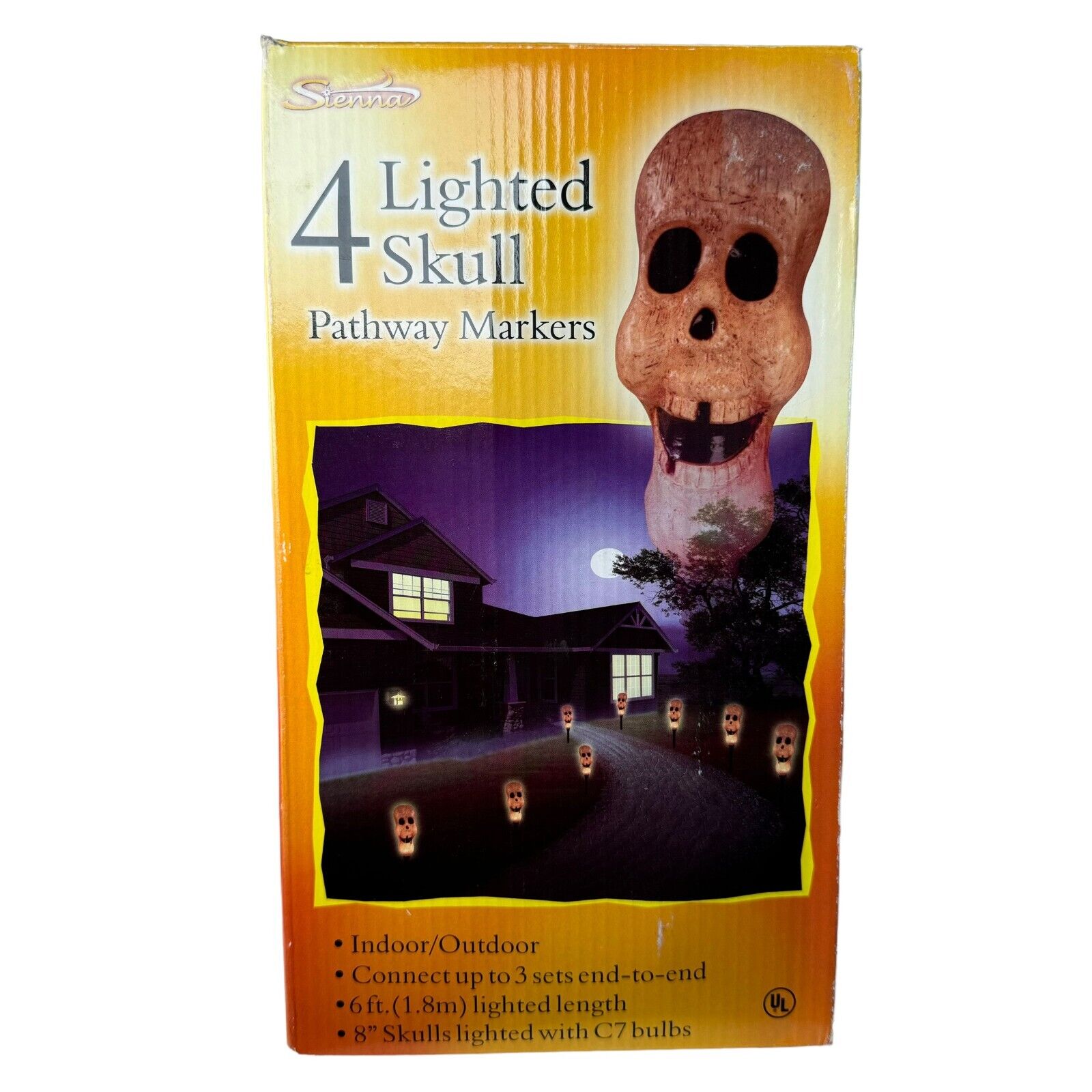Vintage 4 Lighted Skull Pathway Markers Halloween Yard Decor Prop Spooky Horror