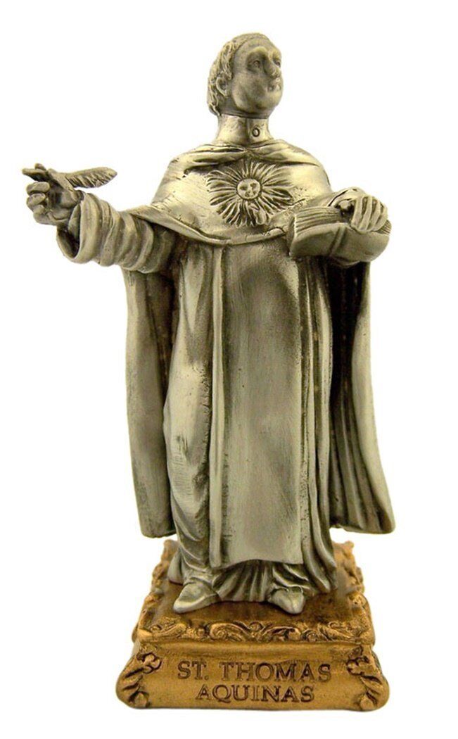 Pewter Saint St Thomas Aquinas Figurine Statue on Gold Tone Base, 4 1/2 Inch
