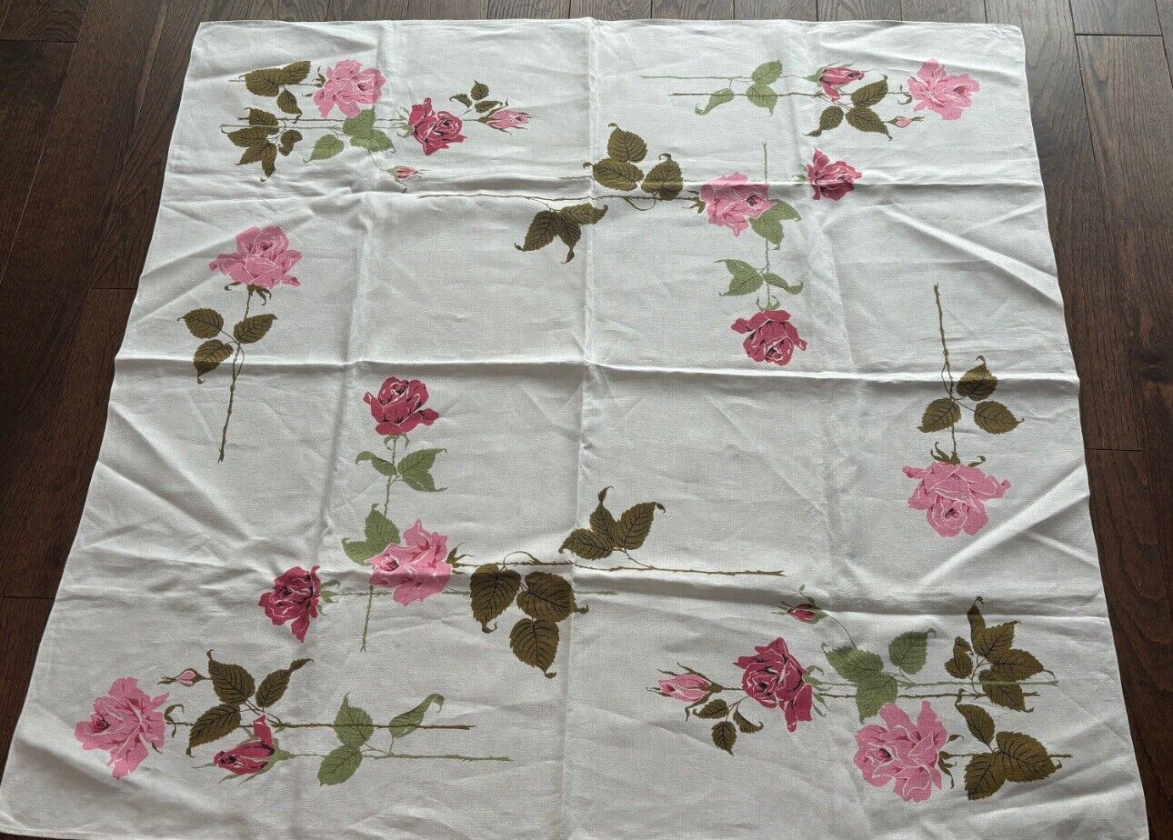 Mid Century Vintage Linen Tablecloth Pink Roses FLAWED