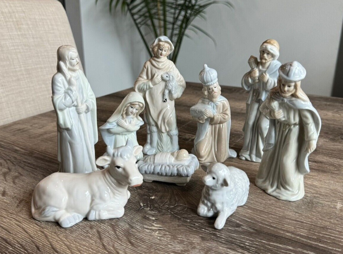 Set of 9, Ceramic Nativity Figurines Holy Family.