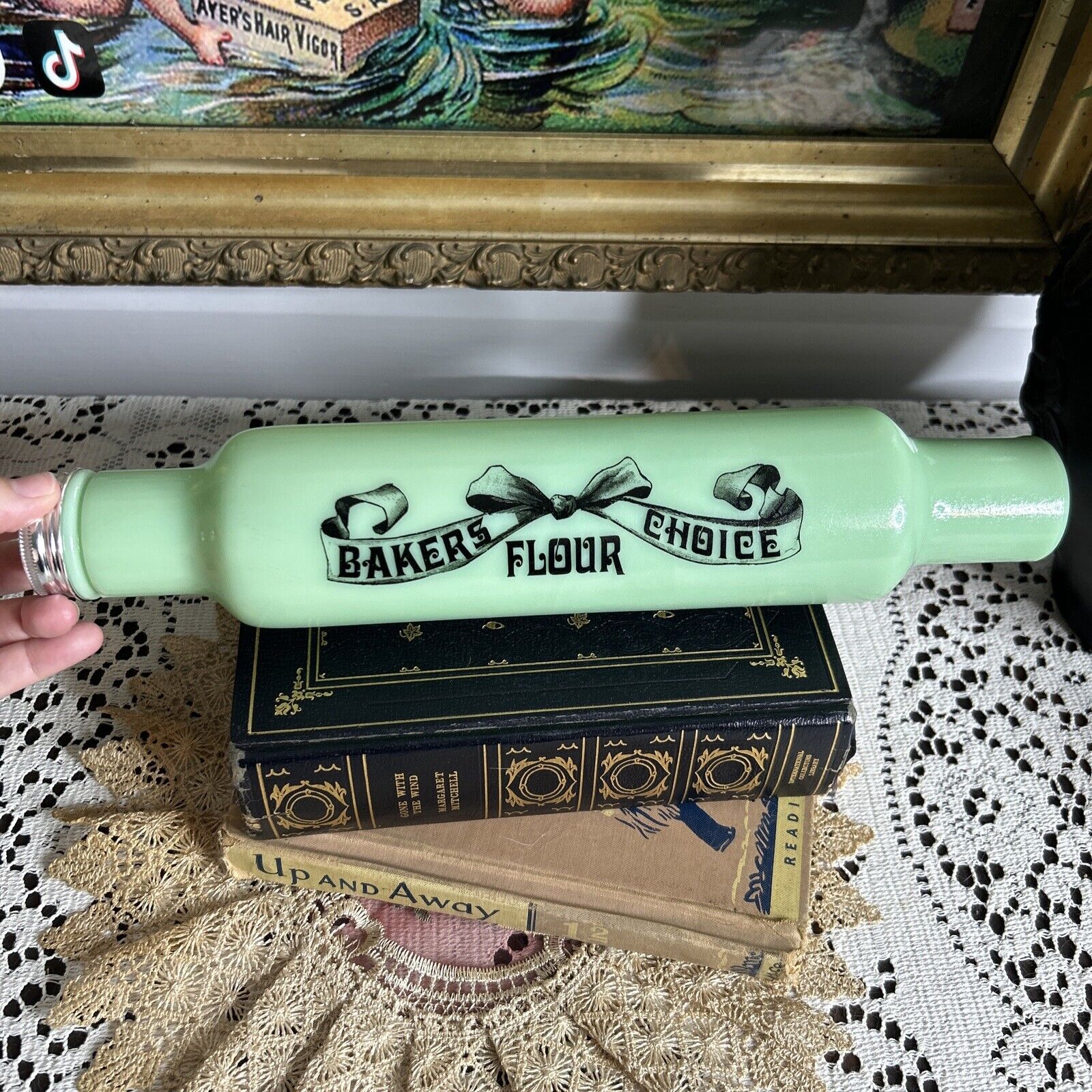 Vintage Jadeite Bakers Choice Rolling Pin With Metal Cap Repro