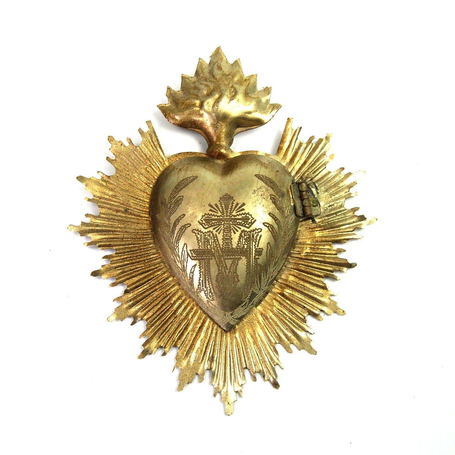 5in Sacred Heart Ex Voto Locket Ornament, Antiqued Silver Flaming Heart Milagro