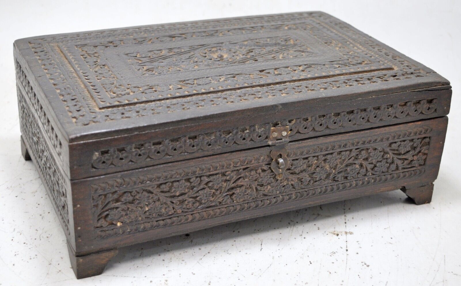 Antique Wooden Storage Chest Box Original Old Hand Crafted Fine Floral Carved