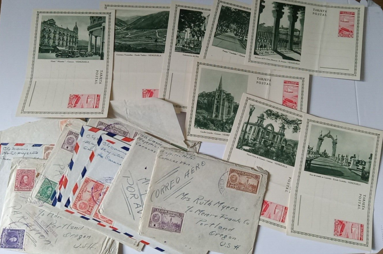 Mixed Lot 1939 Era Venezuelan Post Cards & Cancelled Airmail Stamps on Envelopes