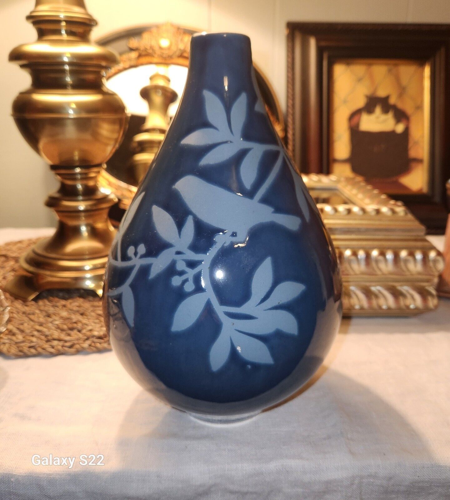 Blue Teardrop Ceramic Vase, Bird Perched On Limb, Two-tone, 10\