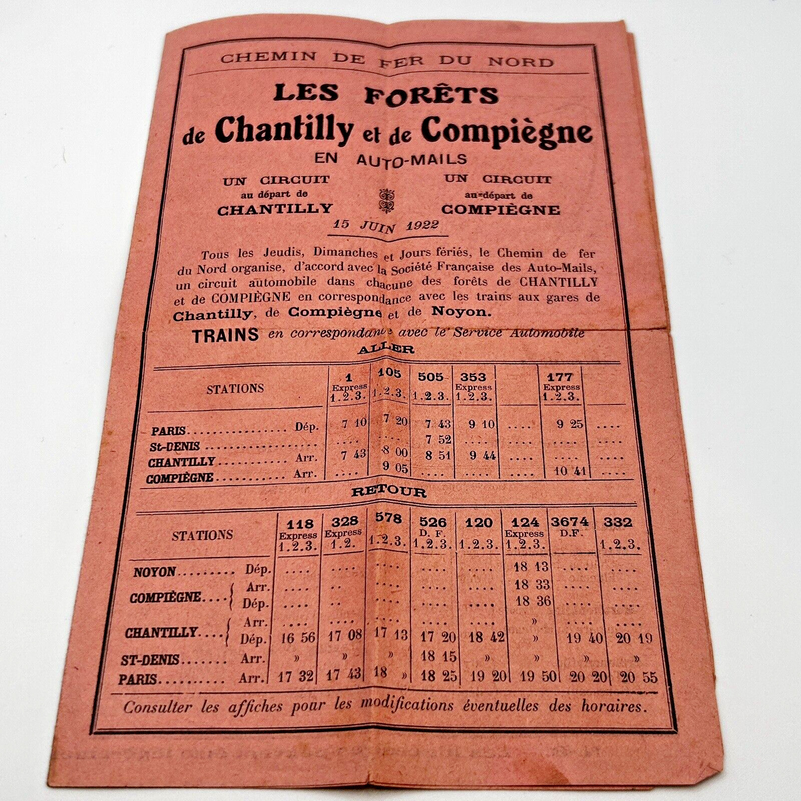 Antique Train Schedule 15 June 1922 Paris Chantilly Compiegne Auto-Mails 4 Pages