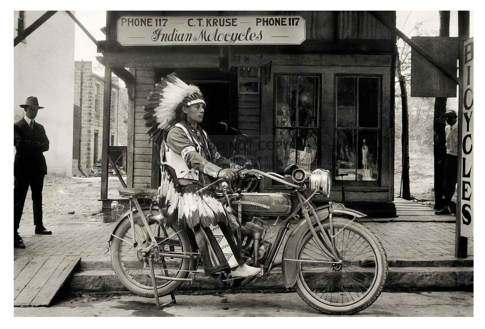 NATIVE AMERICAN CHIEF RIDING MOTORCYCLE OUTSIDE STORE 4X6 PHOTO