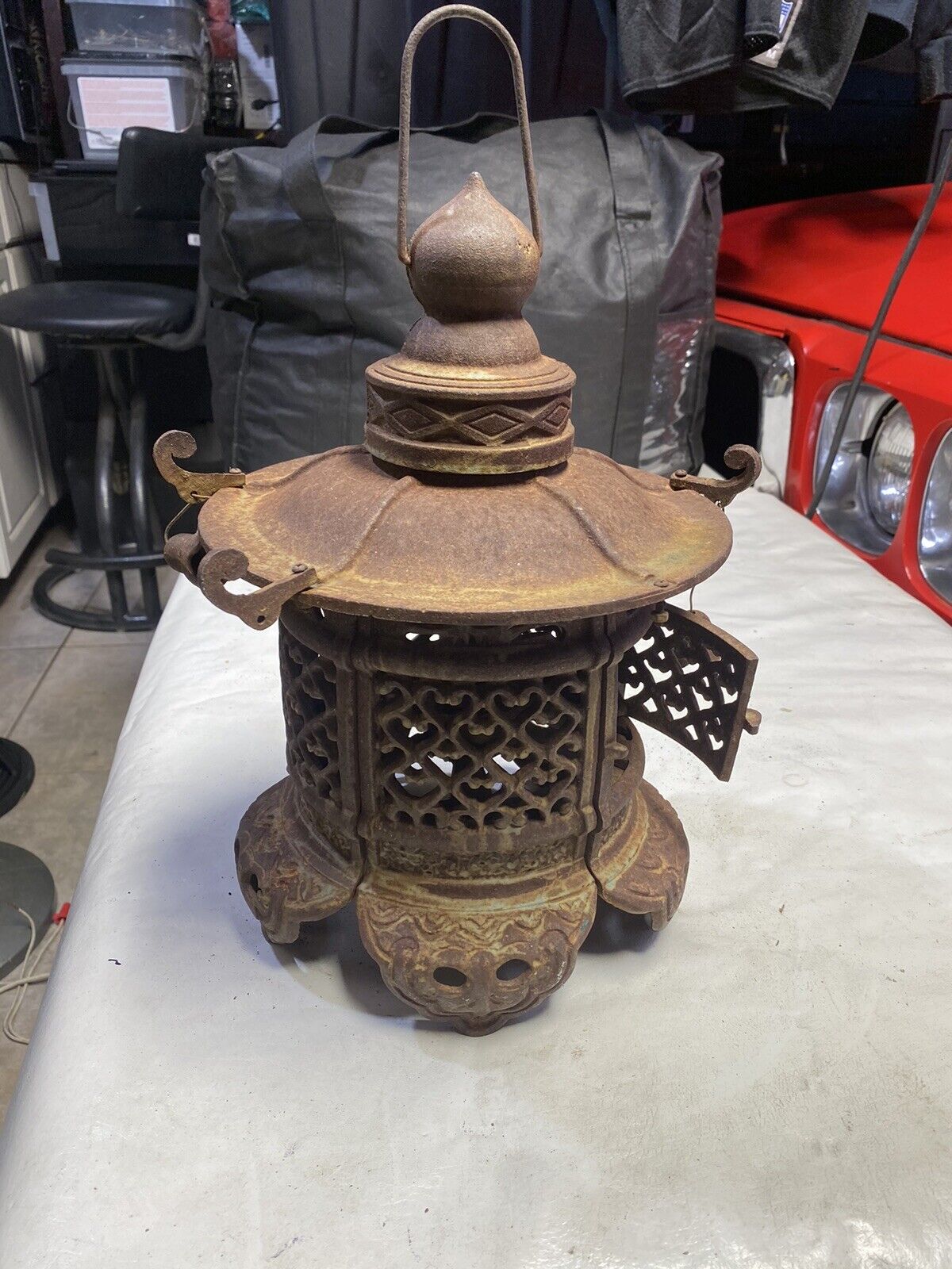 Vintage Rare Antique Japanese Cast Iron Candle Patina Lantern Garden PAGODA