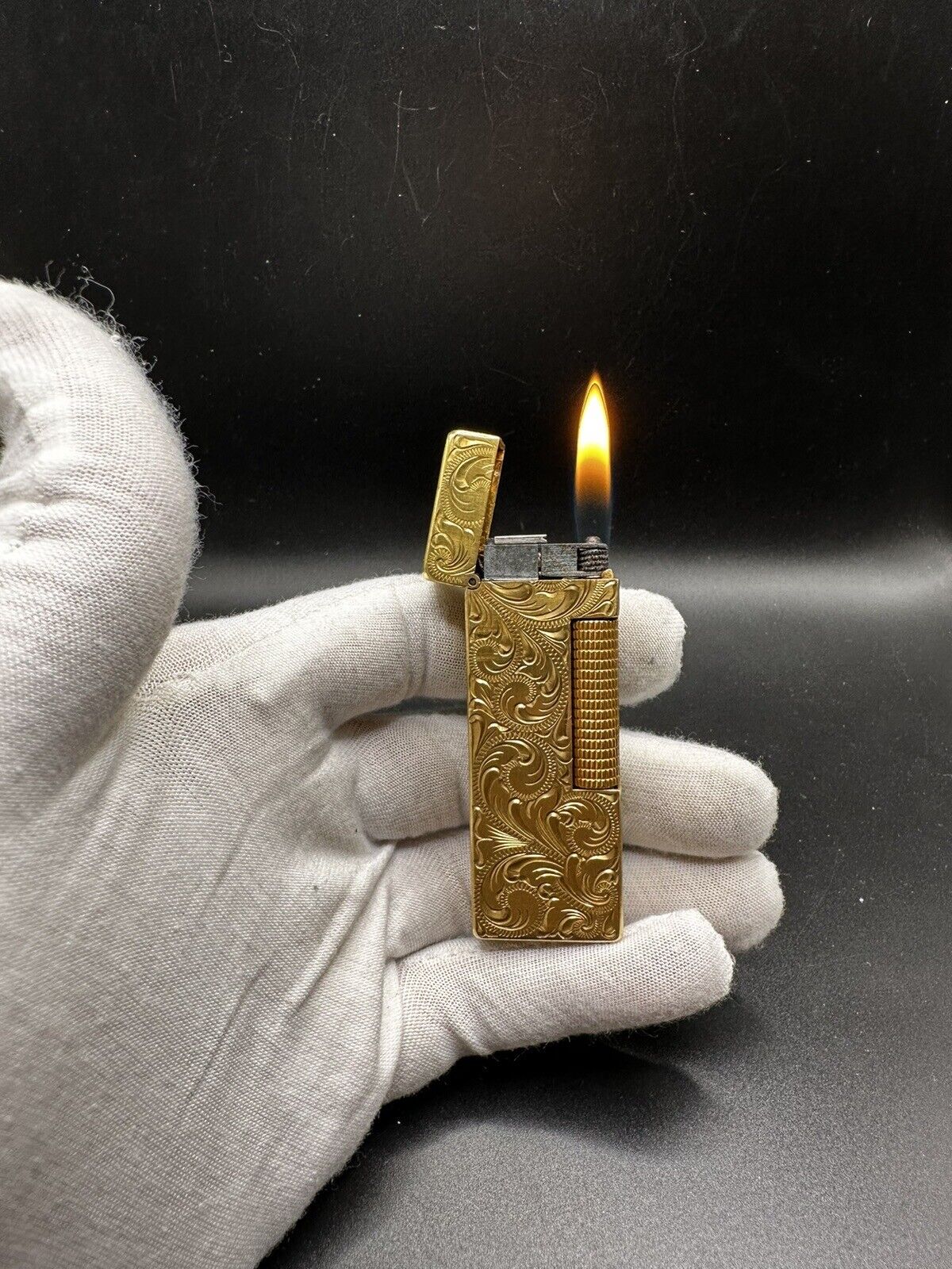 Rare Dunhill Rollagas Lighter Gold Plated With Hand Carved Artwork