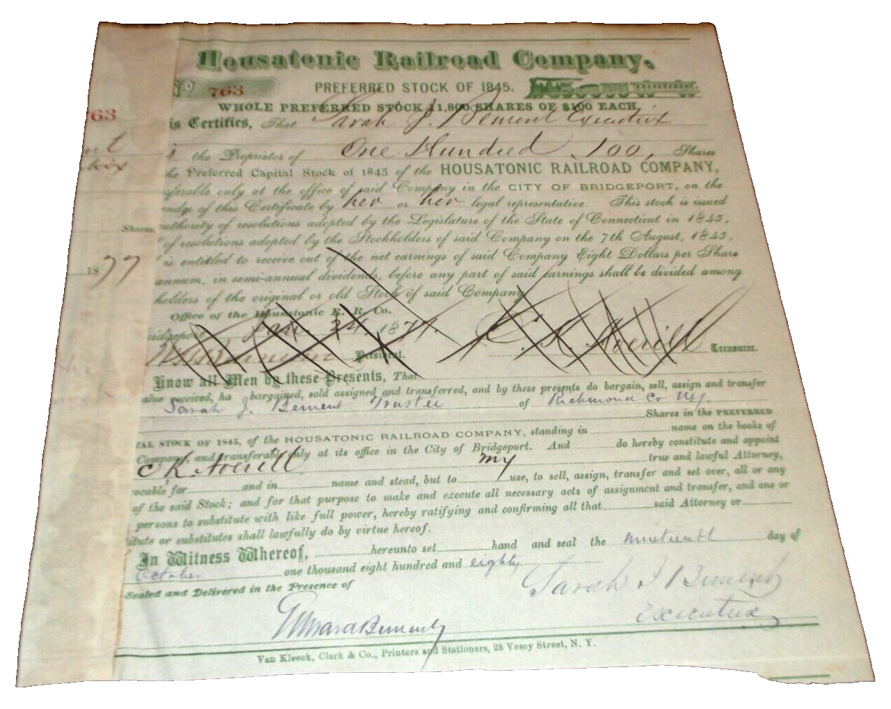 1845 HOUSATONIC PRE-NEW HAVEN RAILROAD PREFERRED STOCK CERTIFICATE