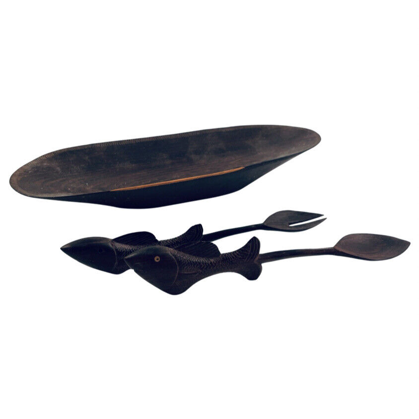 3 pc Vintage African Blackwood Hand Carved Bowl and Fish Utensils Tanzania