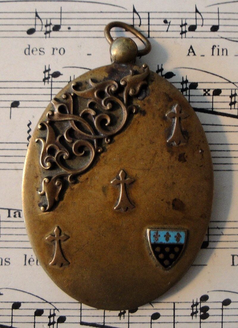 Antique French Art Nouveau sliding mirror pendant with enameled shield