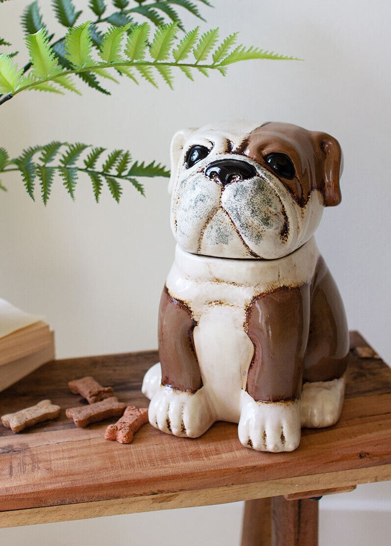Ceramic Bull Dog Canister Cookie Treat Jar English Bulldog Puppy 10 In