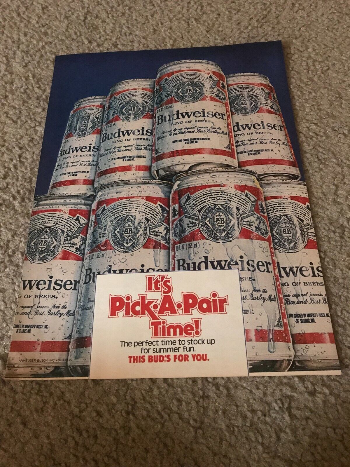 Vintage 1981 BUDWEISER BUD BEER CANS Poster Print Ad 1980s RARE