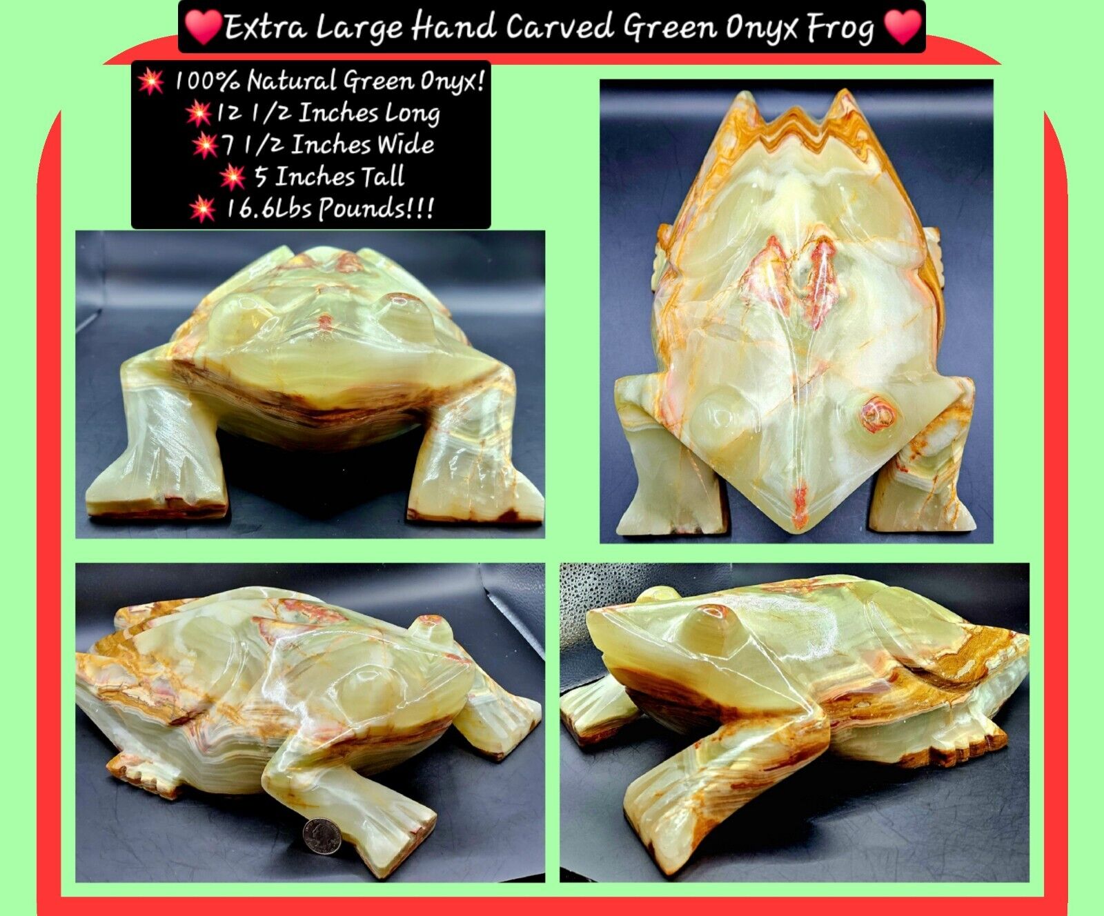 👀😲 Irresistible HUGE GREEN ONYX Hand-Carved Frog: Strength, Self Clarity, LOVE
