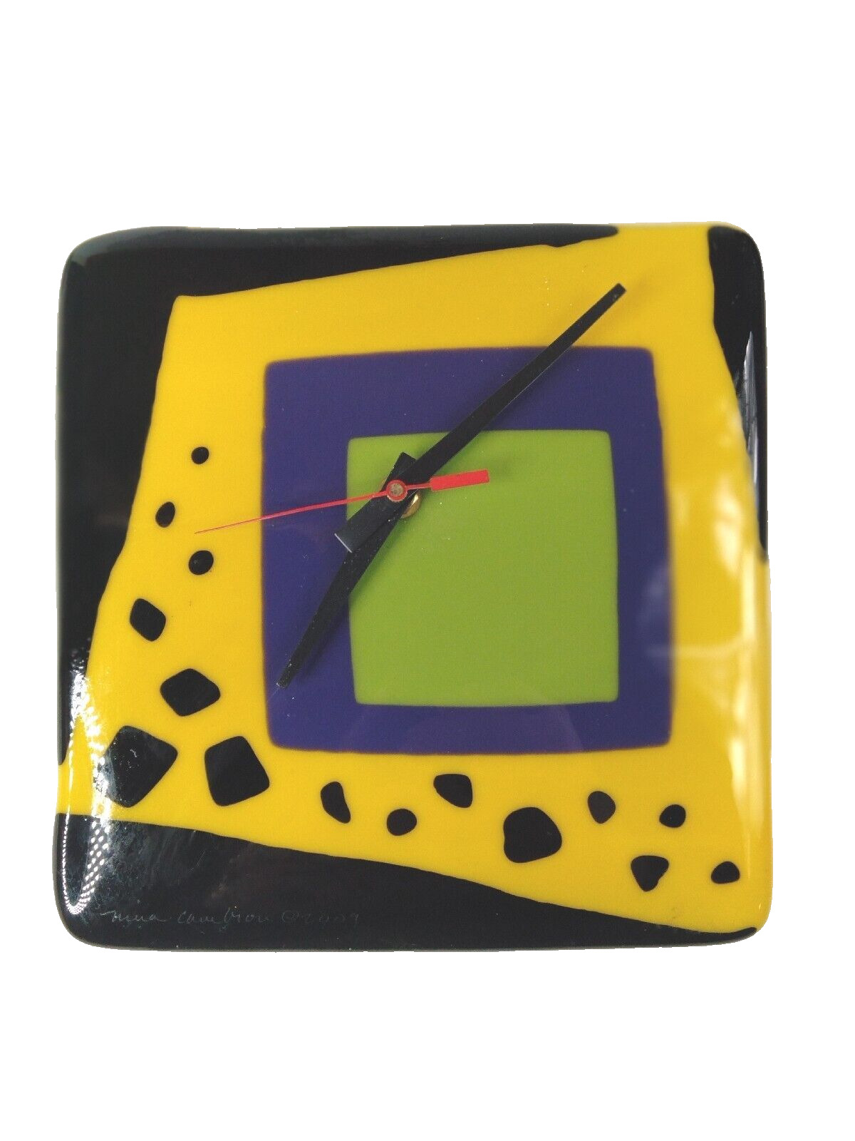 Artist Signed Art Glass Clock Yellow Black Funky Signed Dated Tested Works