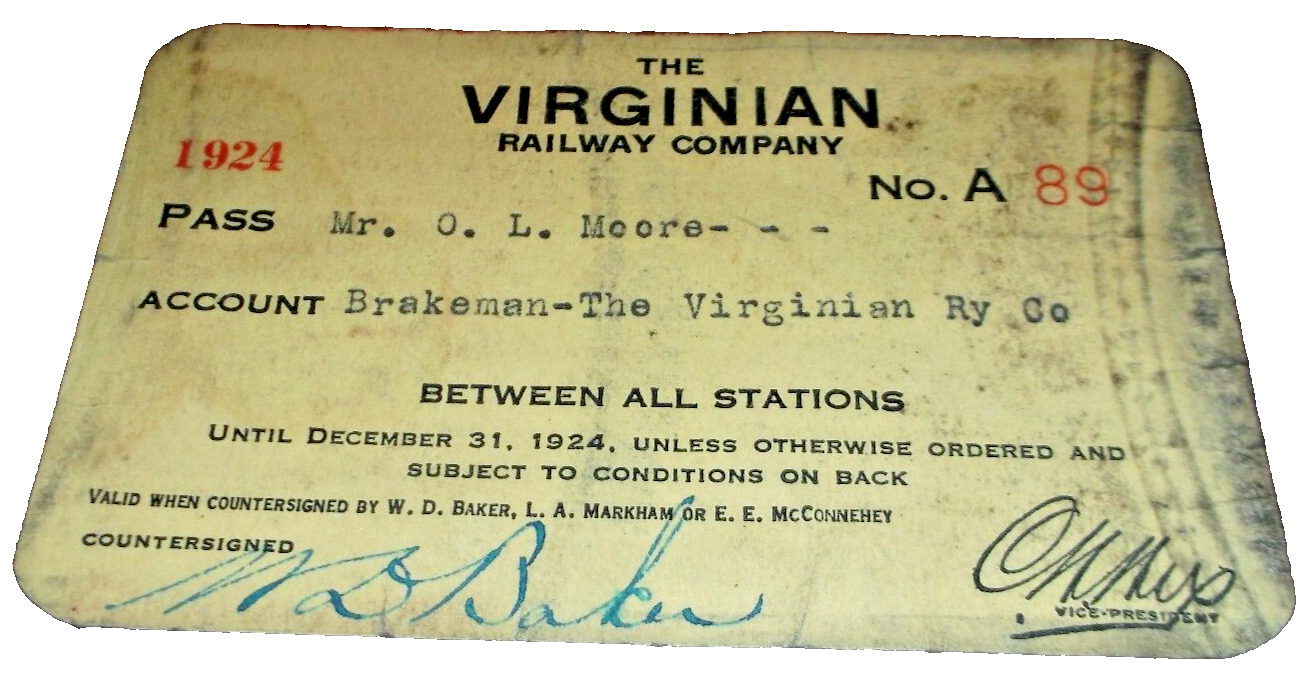 1924 VIRGINIAN RAILWAY EMPLOYEE PASS #A89 O.L. MOORE BRAKEMAN