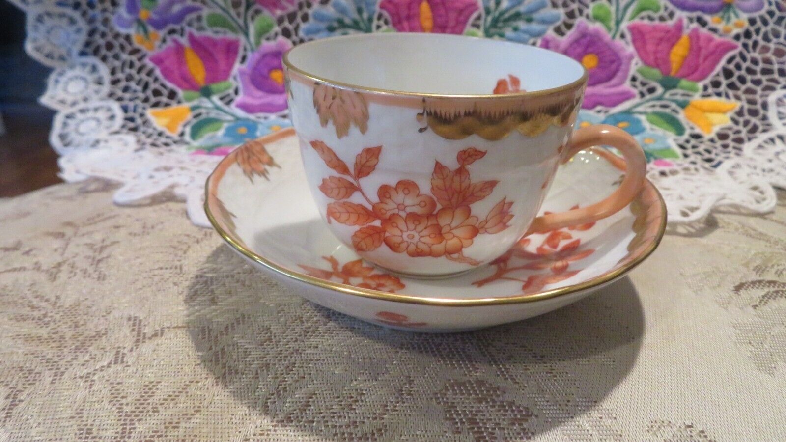 HEREND FORTUNA Rust Flowers MOTH, BUTTERFLY Expresso Cup and Saucer 1728 / VBOH