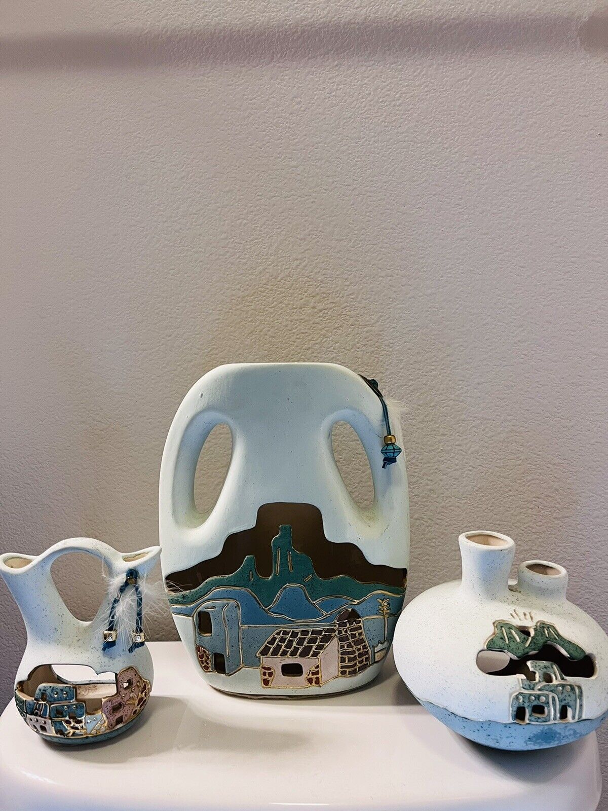 Aljesa Ceramic Mexican Pottery blue White Set Of 3