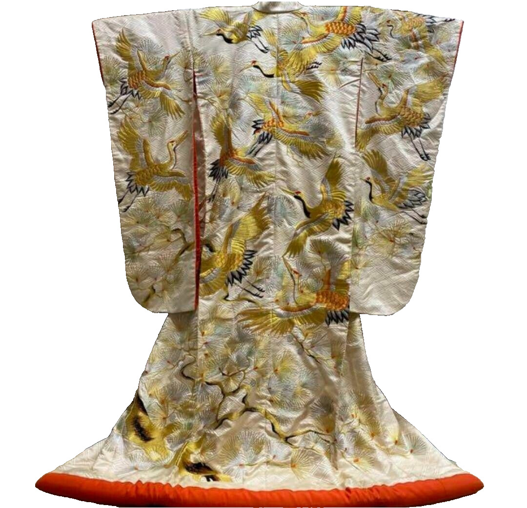 Japanese Kimono Uchikake Vintage Gorgeous wedding Gold Silver Crane (u51)