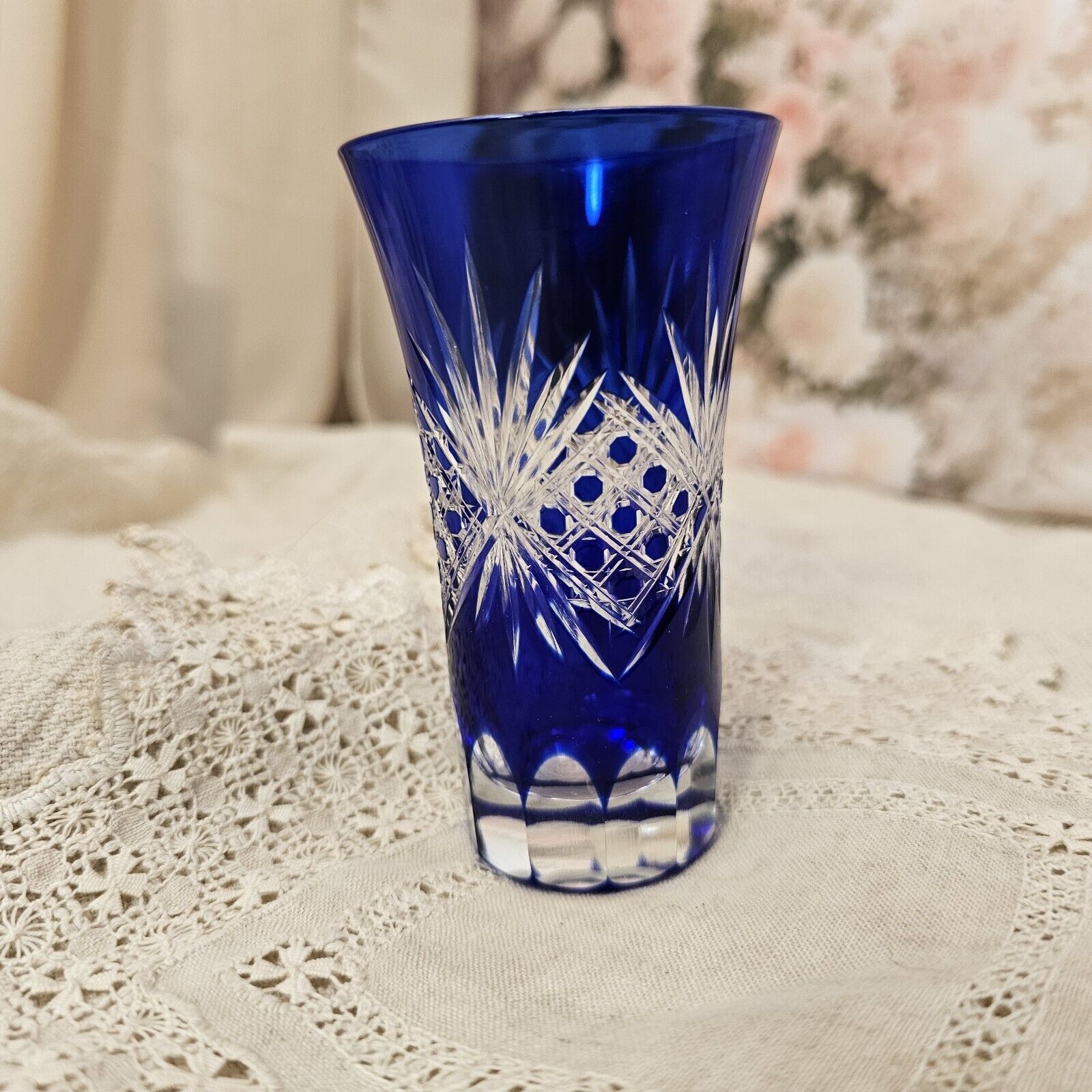 Antique Glass Edo Kiriko Japanese Handmade Cut Crystal Cobalt Whiskey 