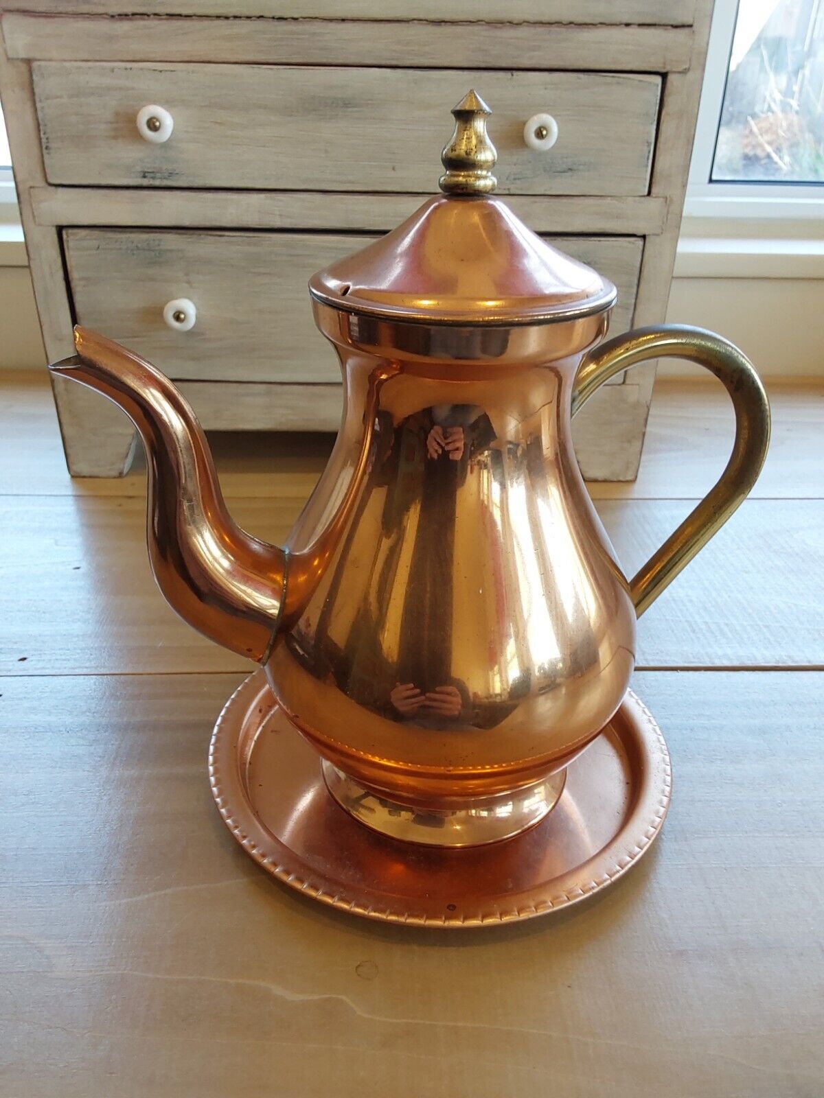 Vintage ODI Stamped Solid Copper Coffee Pot W/ Brass Accents And Tray Portugal