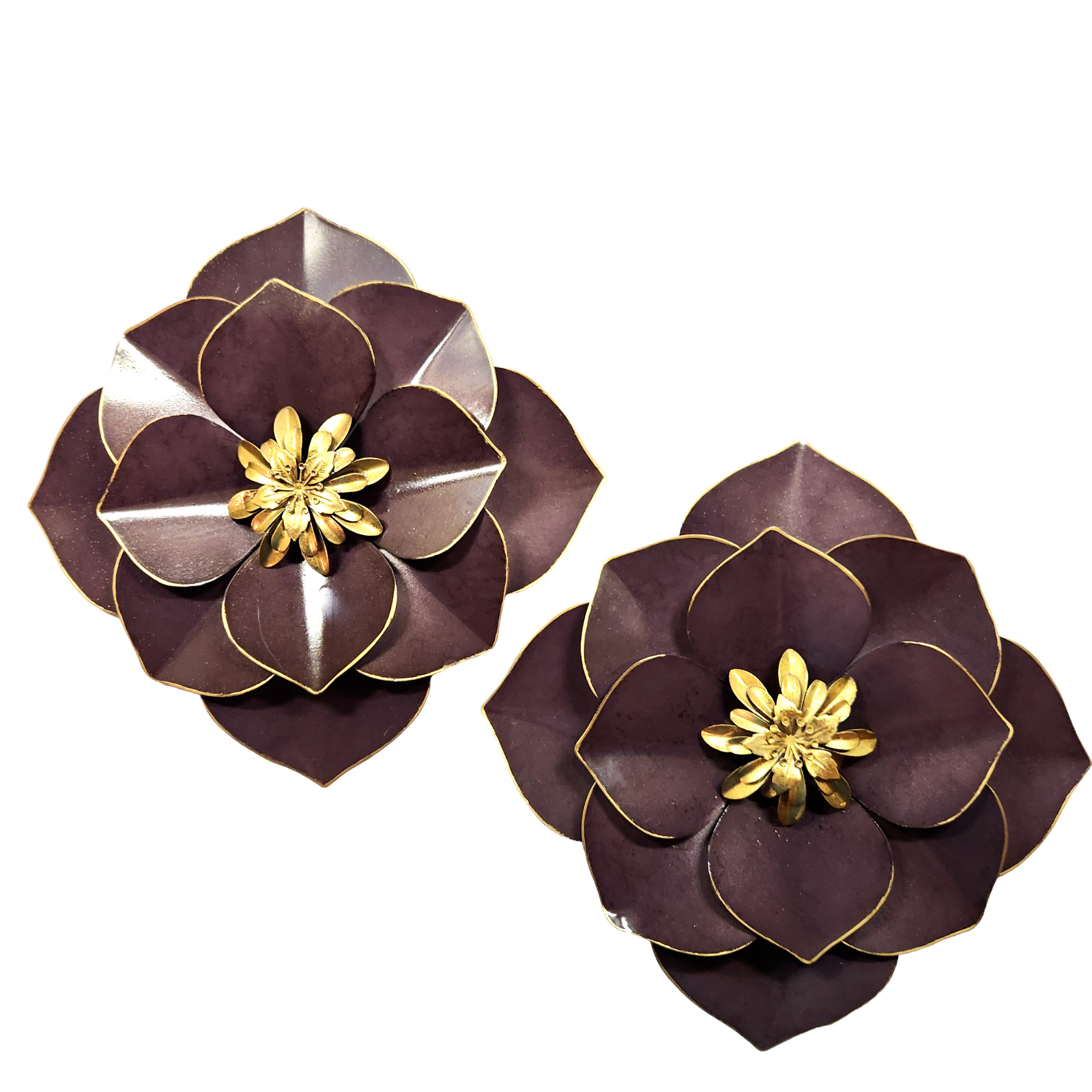 Set of 2 Purple and Gold Metal Flower Wall Hangings Plaques Floral Home Decor