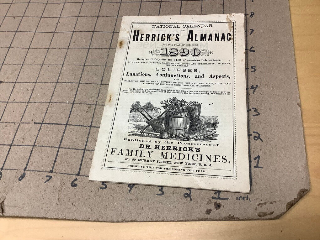 original 1890 HERRICK's ALMANAC - ECLIPSES, LUNATIONS, CONUNCTINS, ASPECTS black