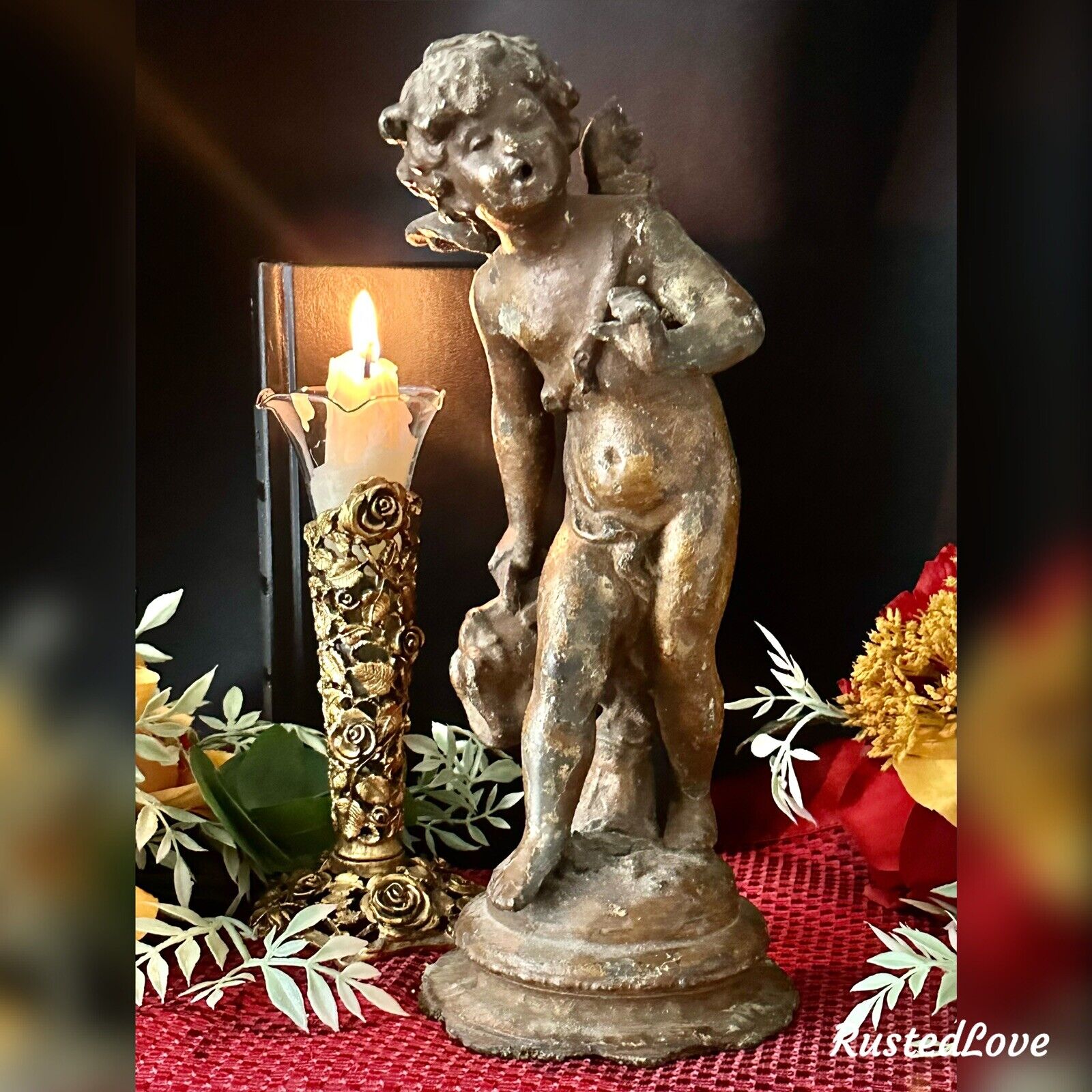 Antique Winged Putti Statue 19th Century Cherub Angelic Figurine European