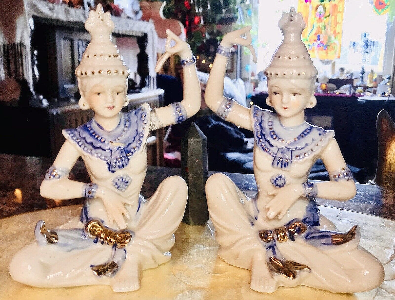 Vintage Bohemian Eastern Gate Aisa Spirited Twin Temple Mudras Porcelain Statues