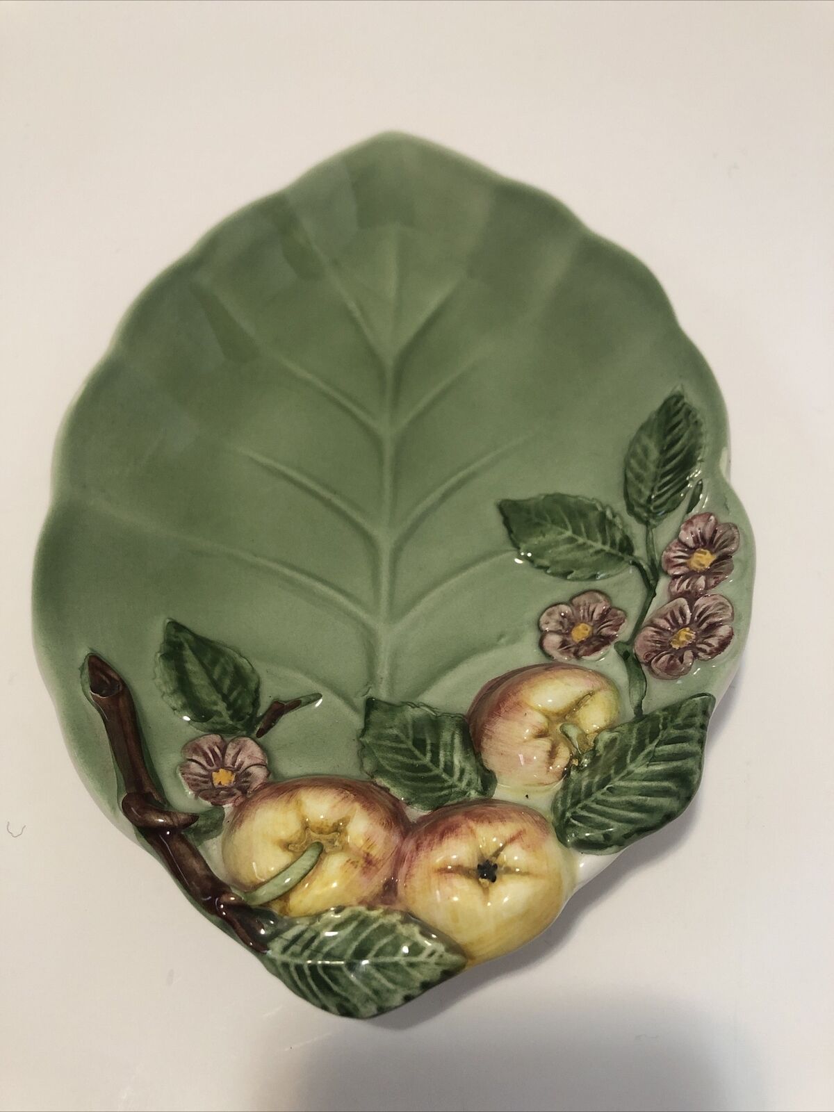 Botanical Plate Majolica Style Leaf Apple Flower Pottery Italian