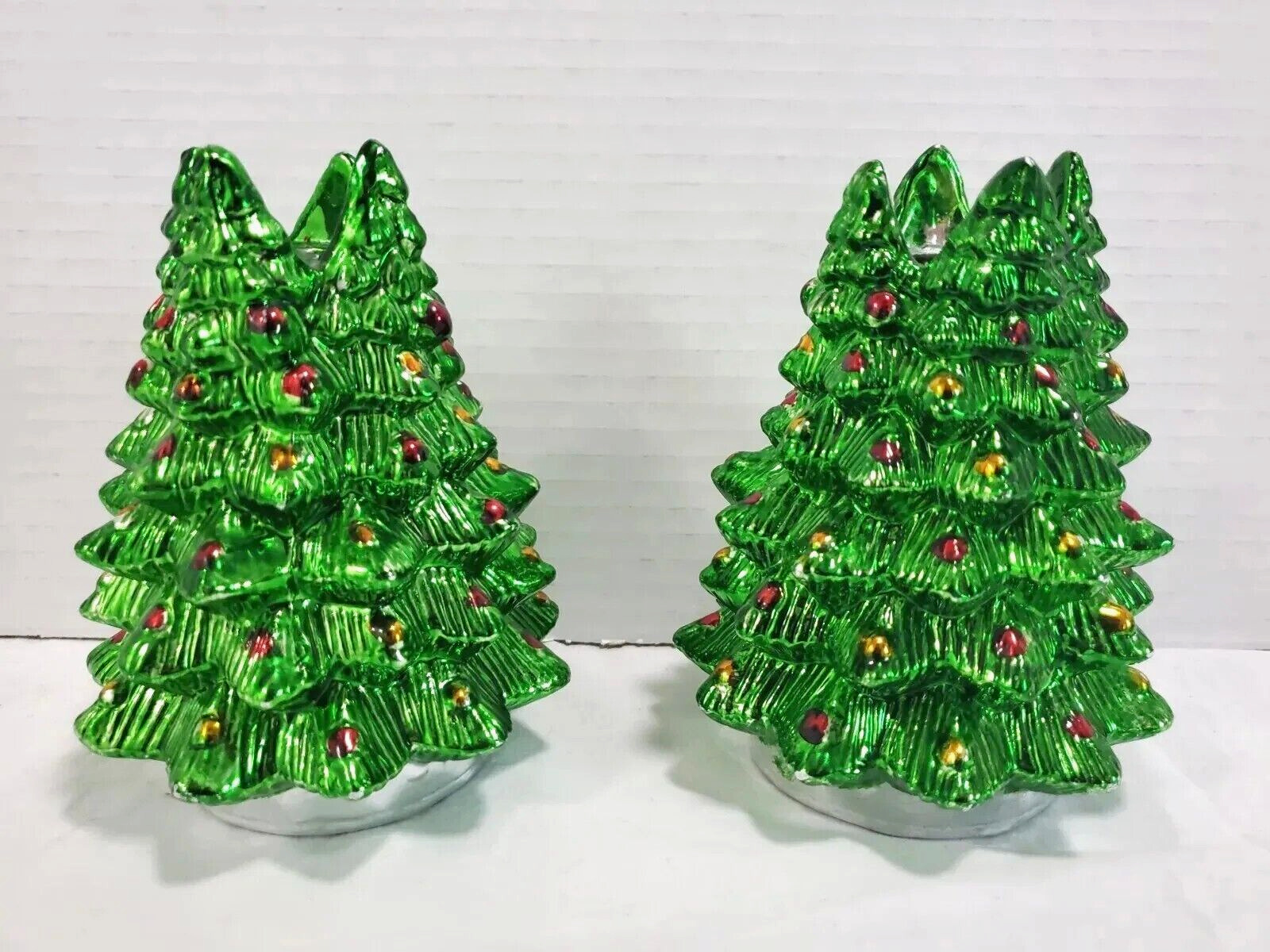 Christmas Tree 2 CandleStick Holders Vintage Holiday Painted Metal Pine Tapers