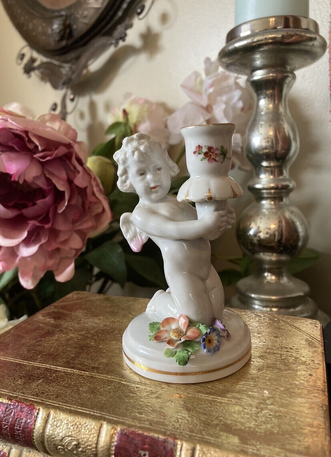 Antique German Von Schierholz Small Porcelain Cherub Figurine Candle Holder 4.5