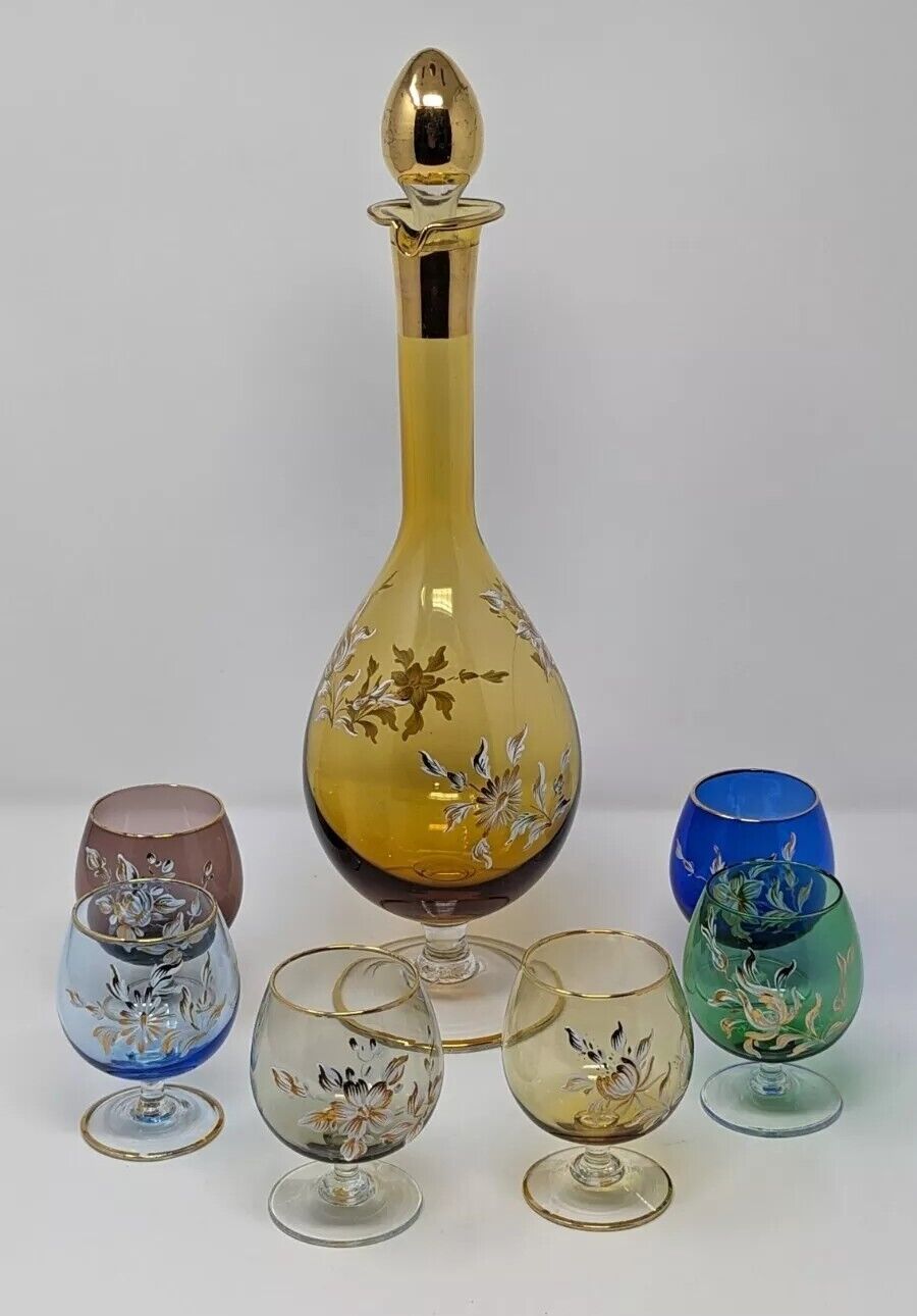 Italian Decanter Hand Blown 1920\'s-1930\'s  w/ 6 Glasses Gold Trim Cordial Set