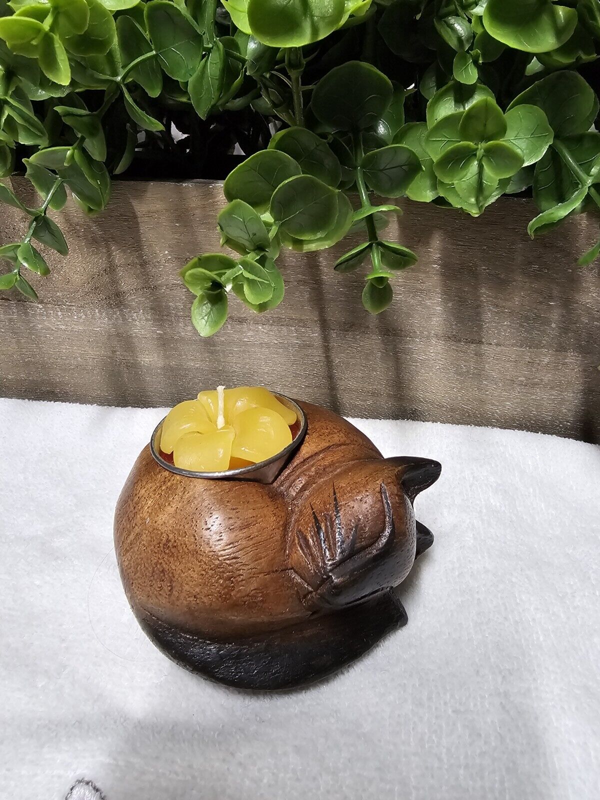 Curled Cat Wooden Tealight Candle Holder Cat Lovers  Home Decoration 